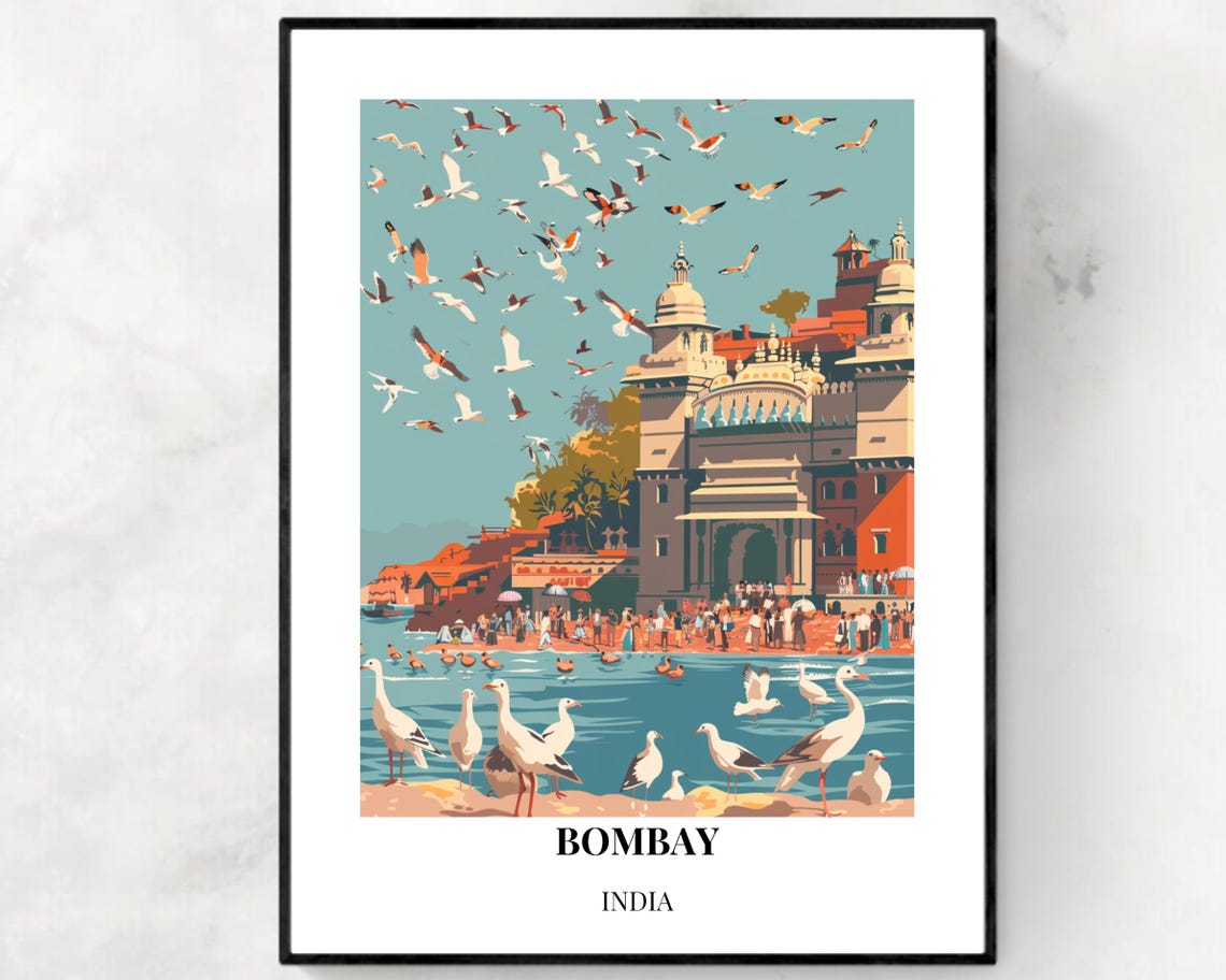 Bombay India Riverside Temple Seagulls Waterfront Scene Travel Poster