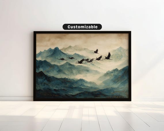 Brush Painting Of Flying Cranes Over Mountain Ridges Japanese Wall Art Print Zen Asian Decor