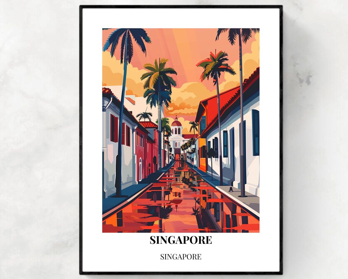 Singapore Colorful Shophouse Street Sunset Vibrant Travel Poster