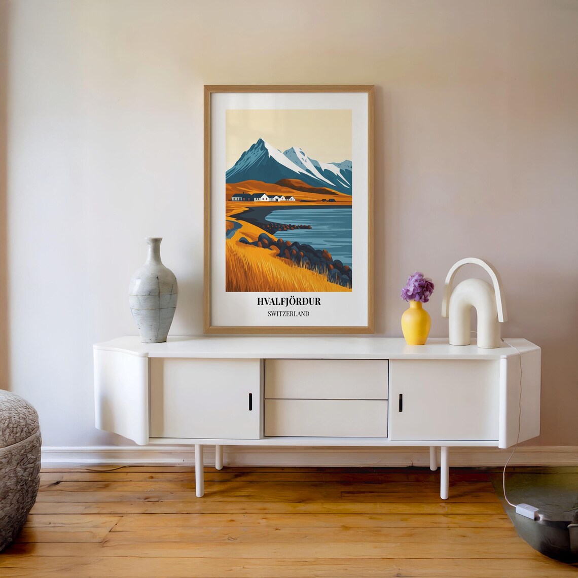 Hvalfjordur Switzerland Fjord Mountains Bay Houses Travel Poster