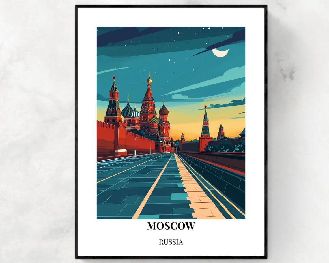 Moscow Russia Moonlit Red Square Evening Travel Poster Illustrated