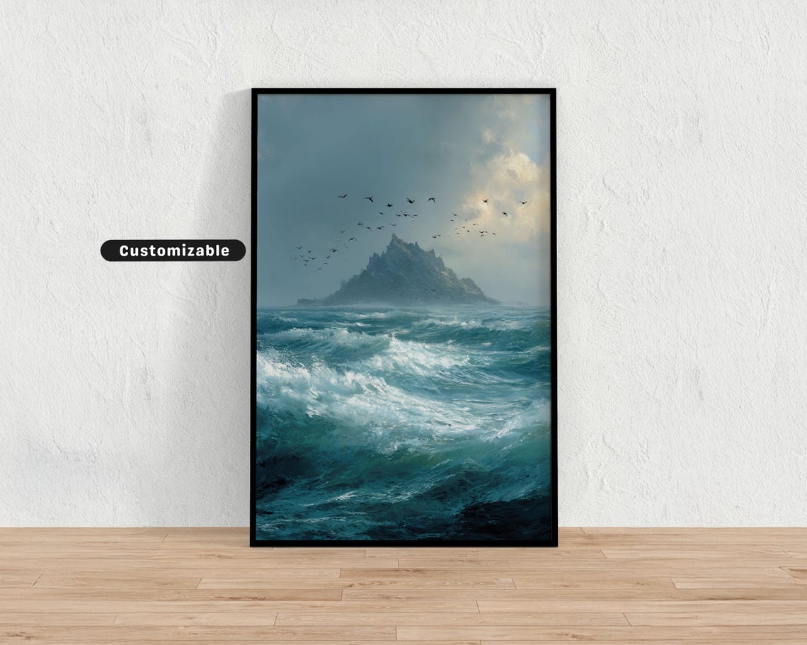 Rough Ocean Waves Crashing Around Distant Island Seascape Poster