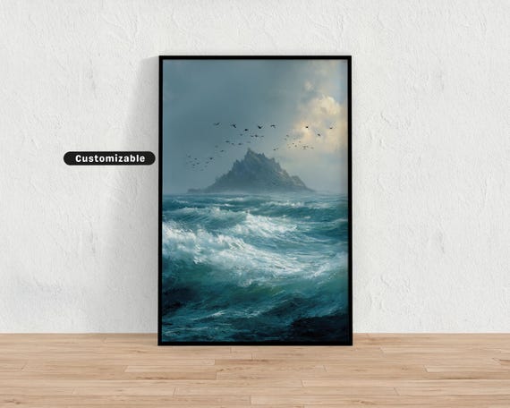 Rough Ocean Waves With Island In The Distance And Birds Flying Above Japanese Wall Art Print Zen Asian Decor