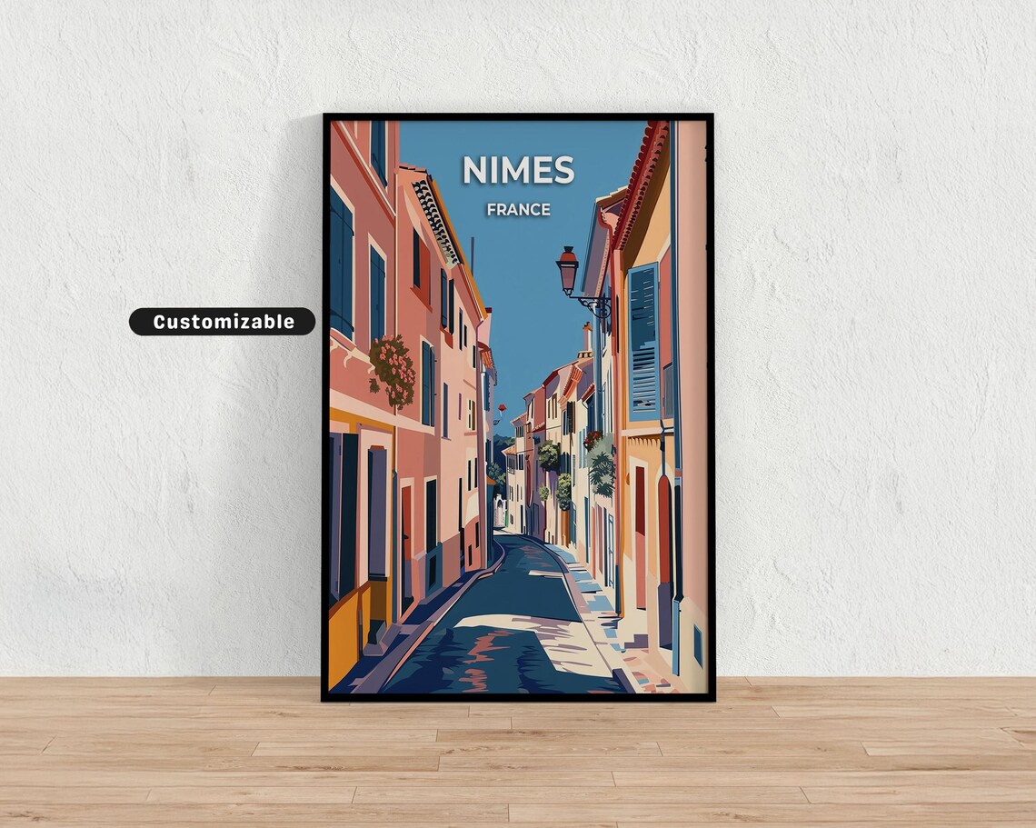 Nimes France Sunlit Old Town Street Scene Custom Travel Poster