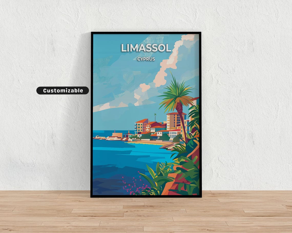 Limassol Cyprus Waterfront Palm Trees Turquoise Bay Travel Poster