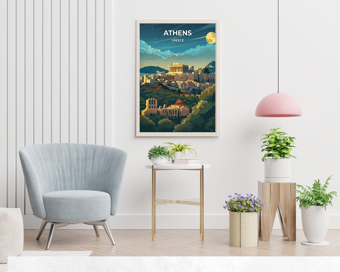 Athens Greece Acropolis Under a Starry Night Sky Retro Travel Poster - Image 2