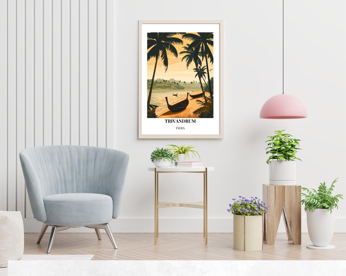 Trivandrum India Golden Beach Palms Fishing Boats Travel Poster - Image 2