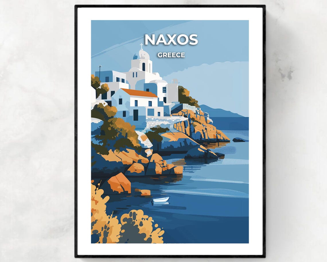 Naxos Greece Whitewashed Church Rocky Aegean Coast Travel Poster