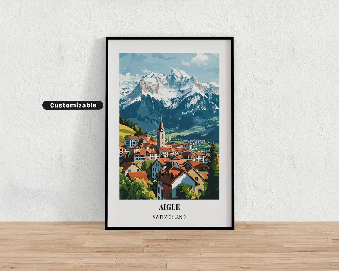 Aigle Switzerland Alpine Town Travel Poster with Snowy Peaks