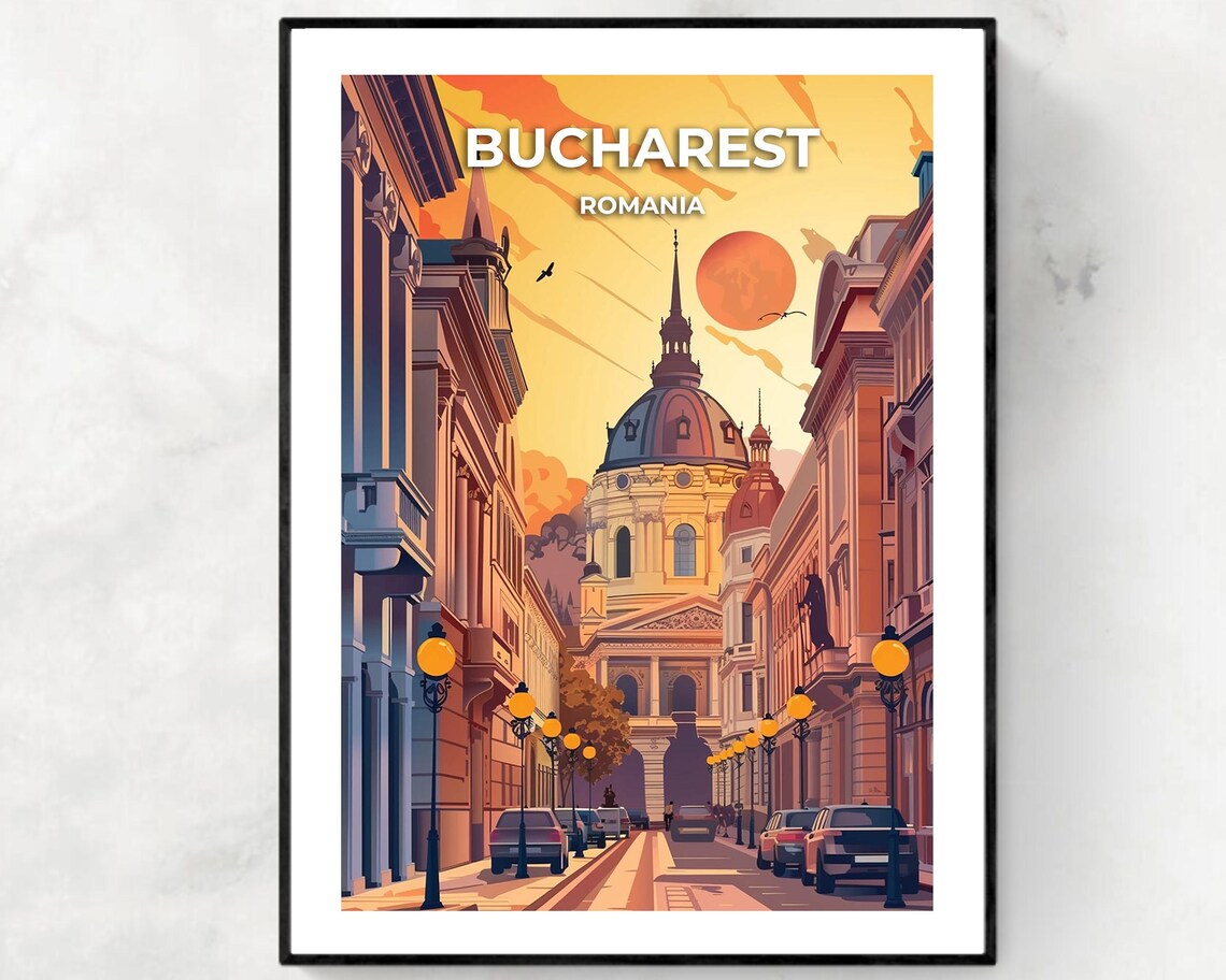 Bucharest Romania Grand Boulevard Sunset Vintage City Travel Poster