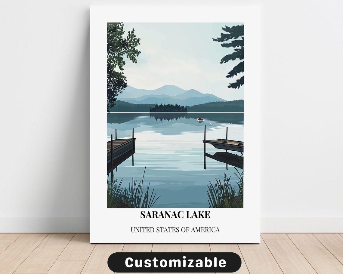 Saranac Lake Calm Waters Retro Adirondack Mountains Travel Poster
