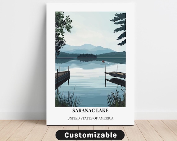 Saranac Lake Calm Waters Retro Adirondack Mountains Travel Poster