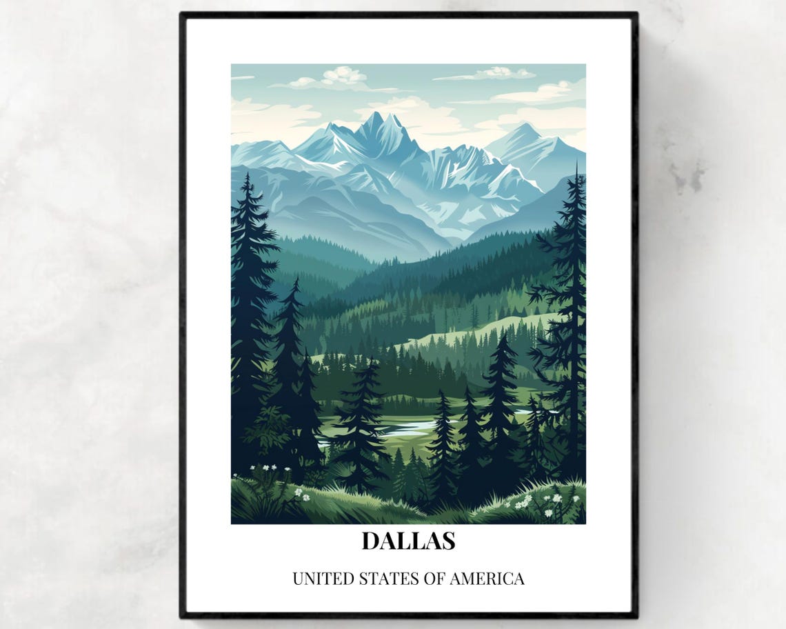 Dallas Texas Snow Capped Mountain Peaks Evergreen Forest Valley Poster