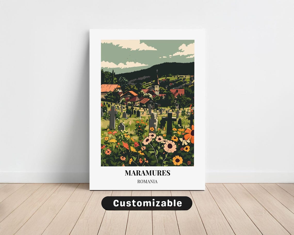 Maramures Romania Travel Poster With Village Cemetery Flowers Art