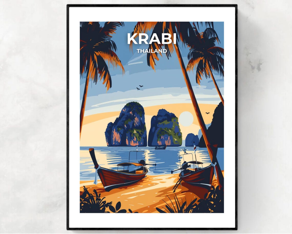 Krabi Thailand Longtail Boats Limestone Cliffs Beach Travel Poster