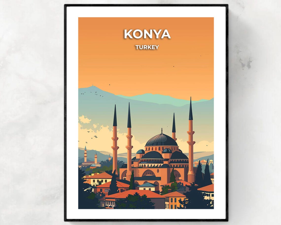 Konya Mosque Minarets at Golden Sunset Over Turkey Travel Poster