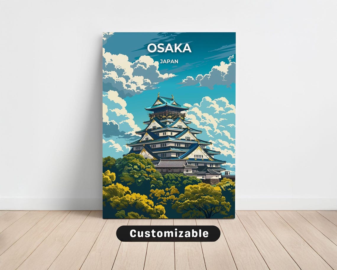 Osaka Japan Travel Poster Historic Castle Blue Sky Retro Style