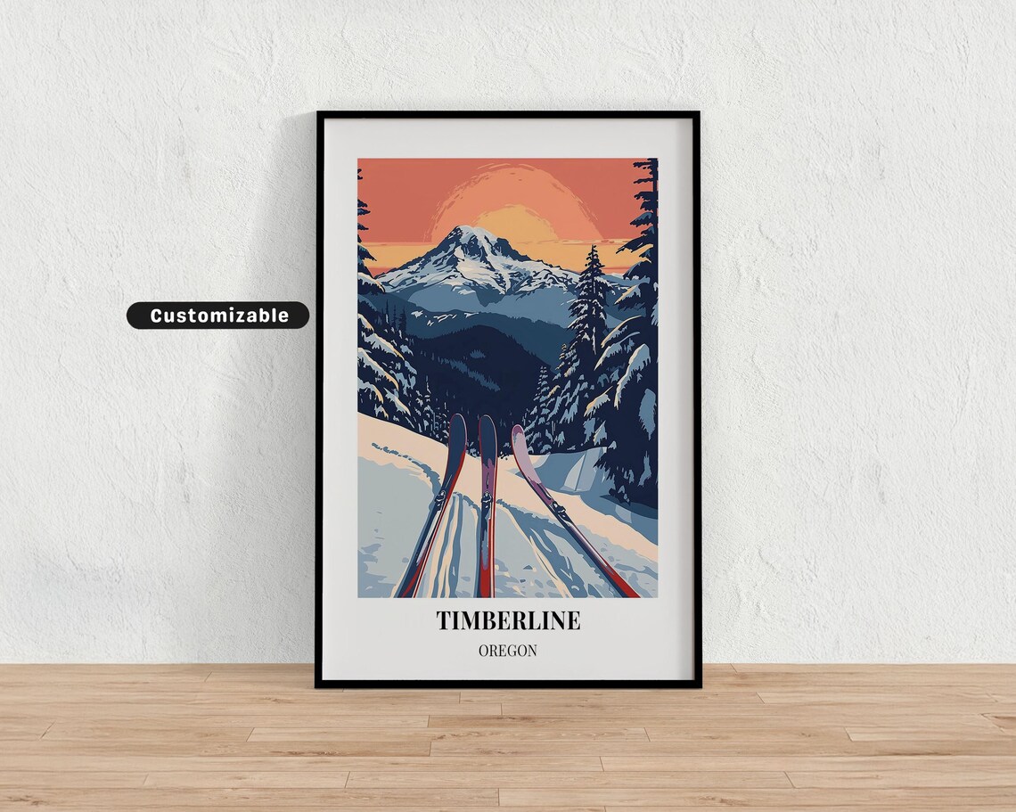Timberline Oregon Skis In Snow Sunset Mountain Vintage Ski Travel Poster