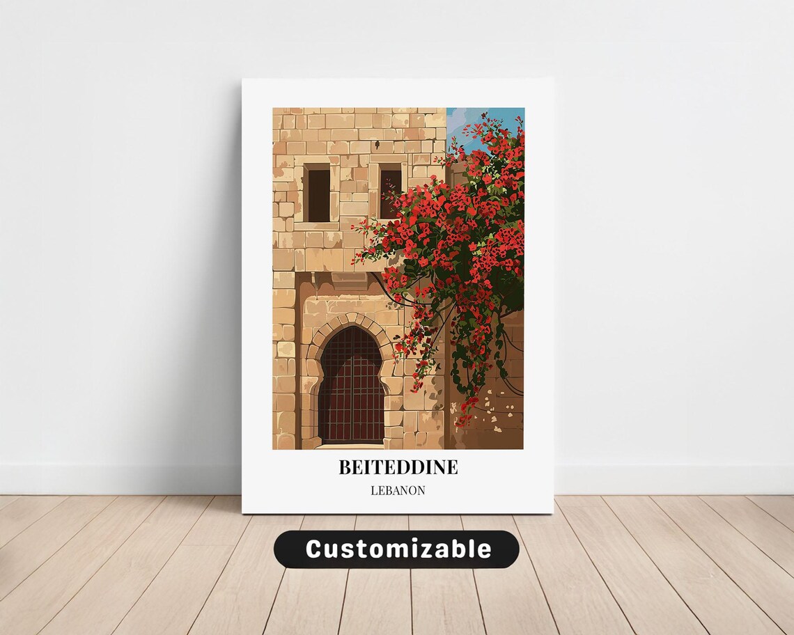 Beiteddine Lebanon Travel Poster with Stone Arch and Red Flowers