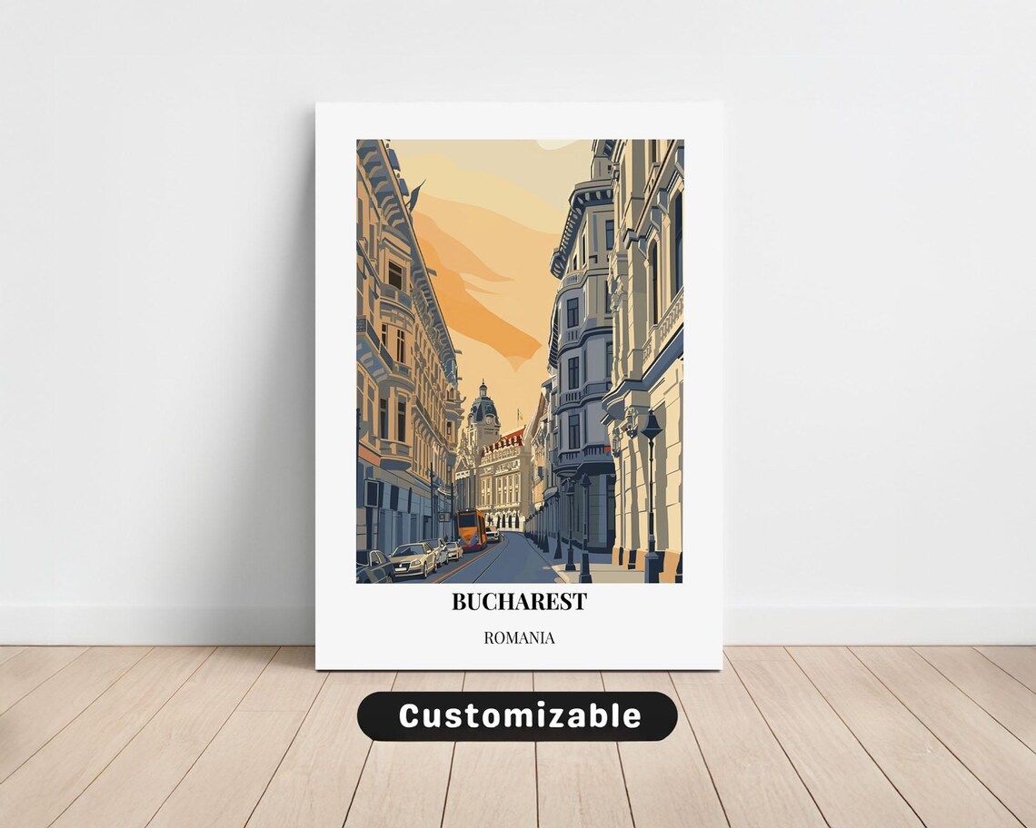 Bucharest Romania Sunset City Street Vintage Travel Style Poster