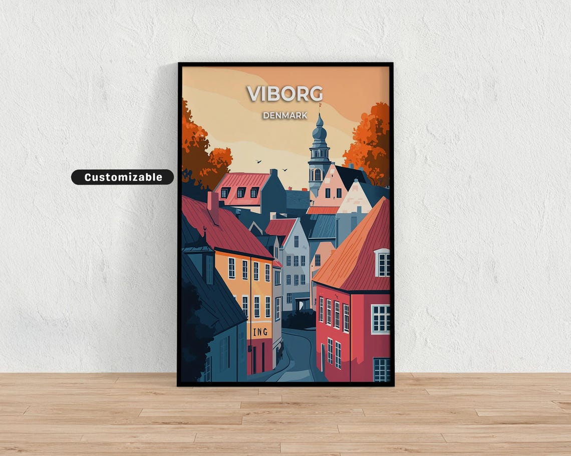 Viborg Denmark Old Town Rooftops Autumn Scandinavian Travel Poster