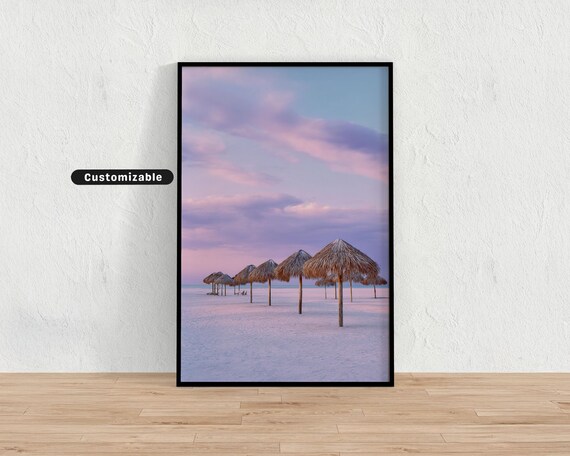 Thatched Beach Umbrellas White Sand Pastel Sky Tropical Paradise Art Poster