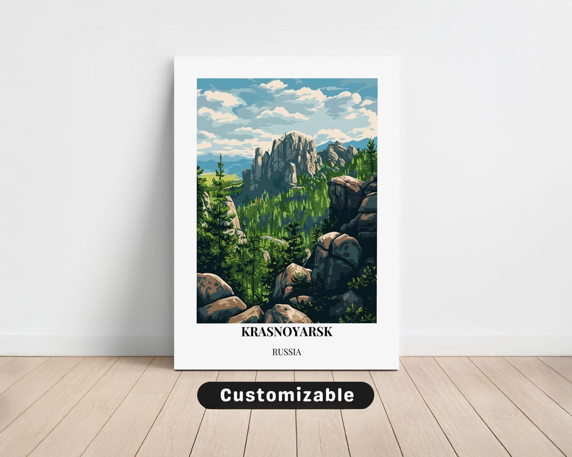 Krasnoyarsk Russia Rock Pillars Valley View Vintage Travel Poster