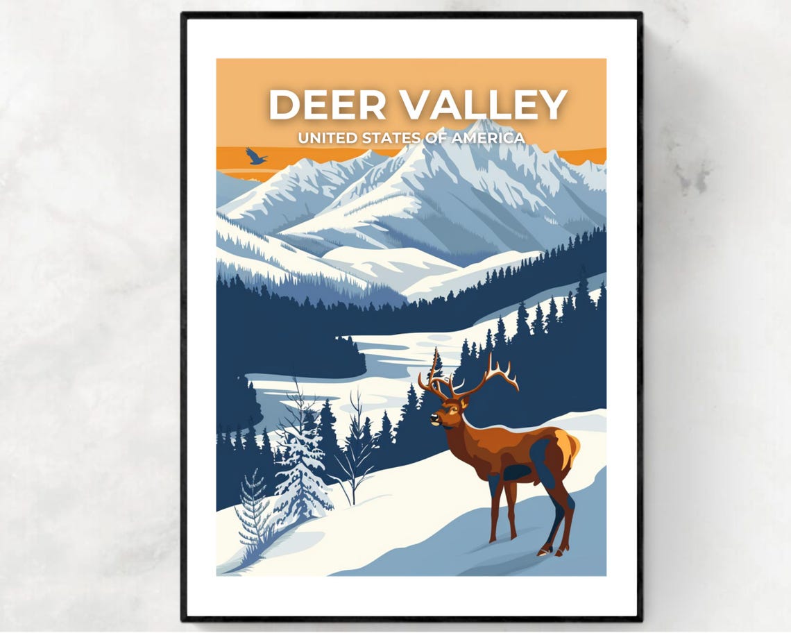 Deer Valley Utah Elk in Snowy Mountains Winter Travel Poster
