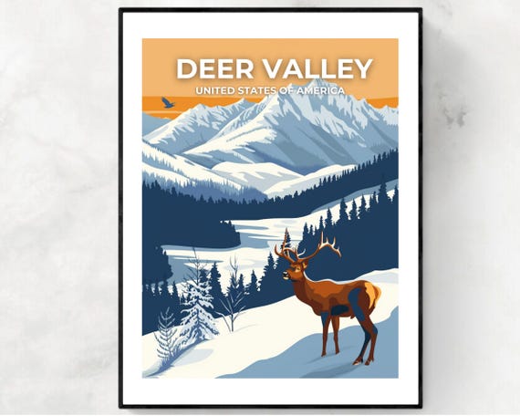 Deer Valley Utah Elk in Snowy Mountains Winter Travel Poster