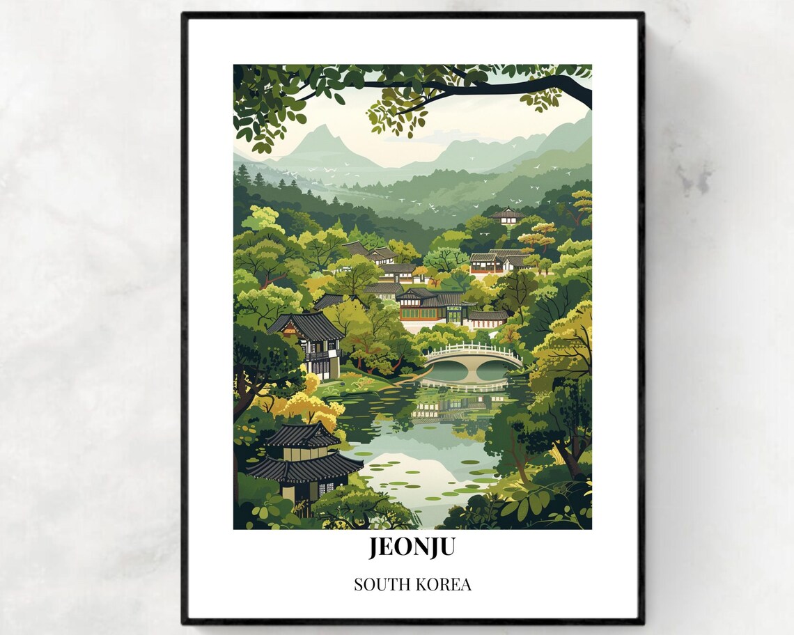 Jeonju South Korea Traditional Hanok Village Scene Travel Poster