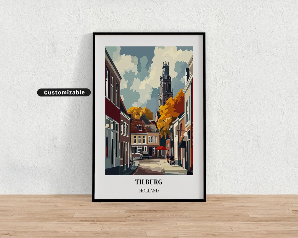 Tilburg Holland Historic Street with Church Tower Autumn Travel Poster