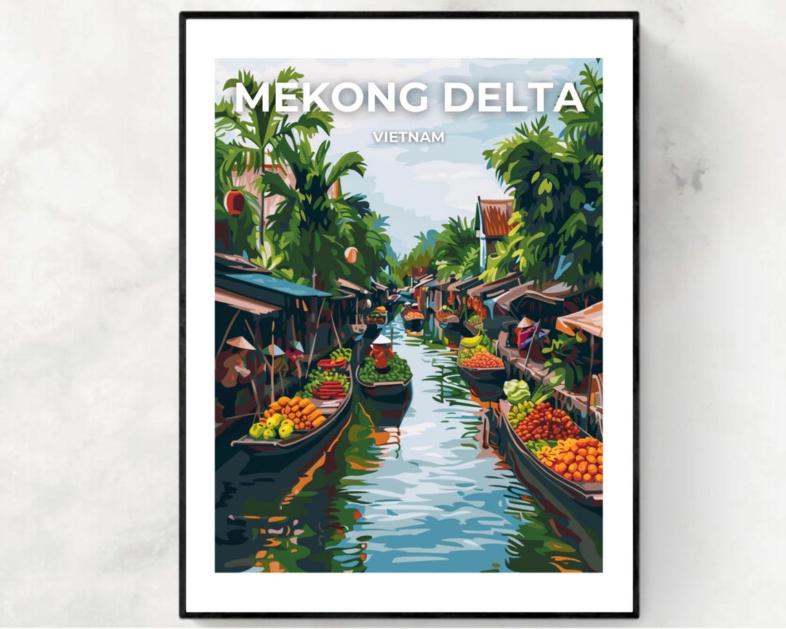 Mekong Delta Vietnam Floating Market Boats Canal Scene Poster