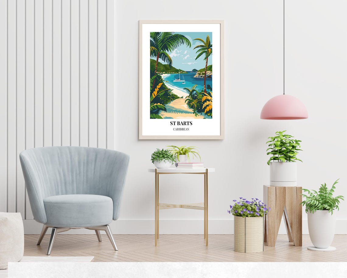 St Barts Caribbean Sailboat Cove Through Palm Trees Island Poster - Image 2