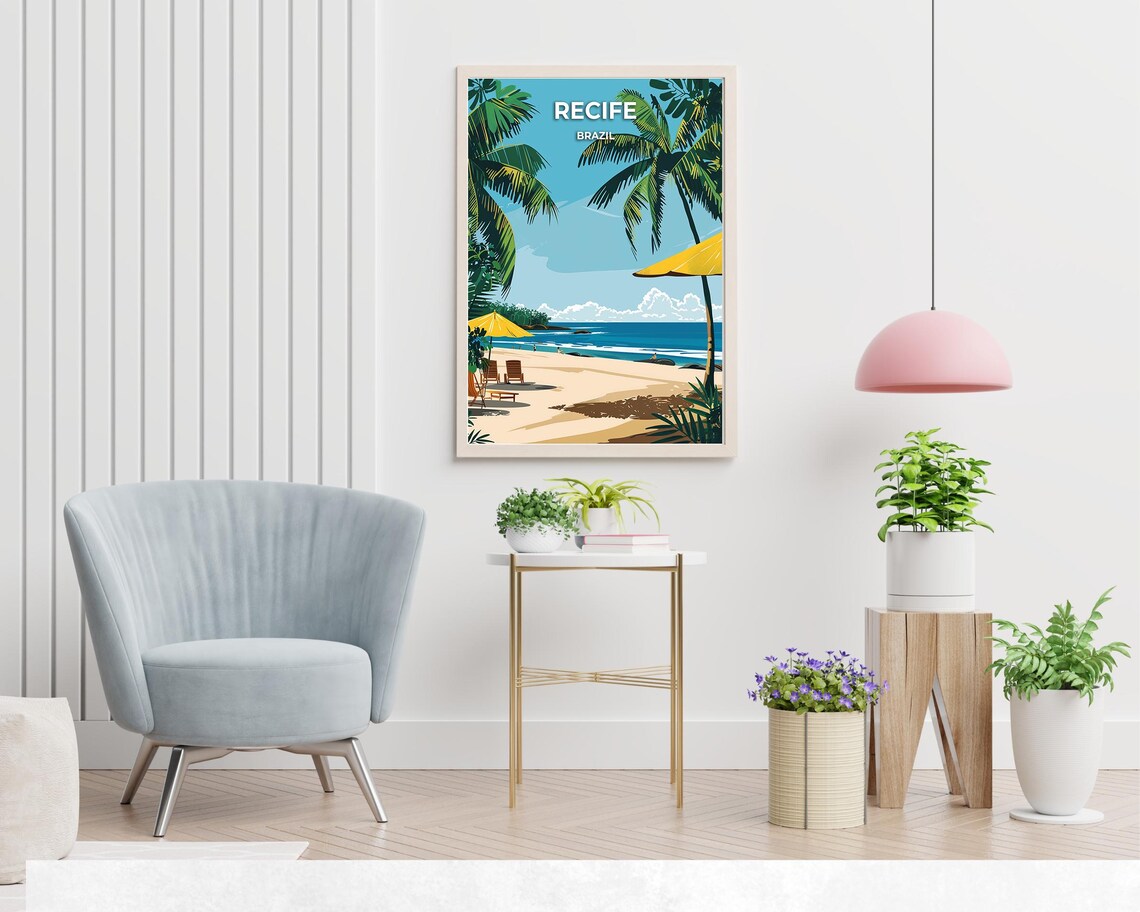 Recife Brazil Boa Viagem Beach Umbrellas And Tall Palms Poster - Image 2