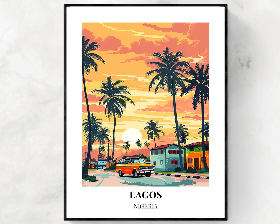 Lagos Nigeria Palm Tree Sunset Coastal Street Colorful Scene Poster