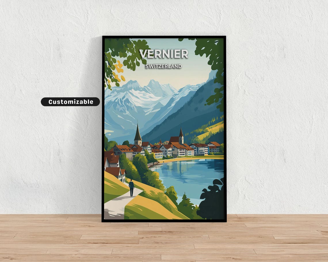 Vernier Switzerland Lakeside Village Alpine View Travel Poster
