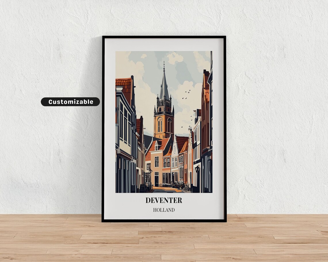 Deventer Holland Historic Street Clock Tower Retro Travel Poster