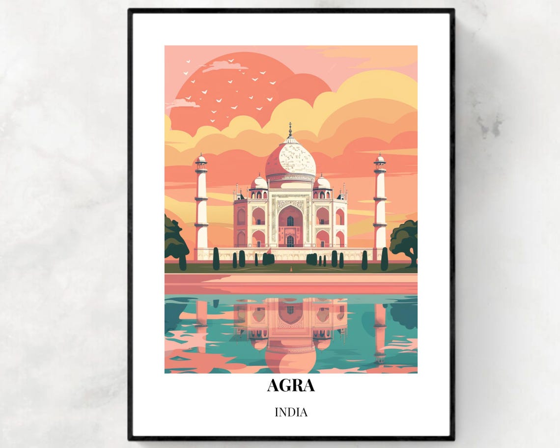 Agra Taj Mahal Sunset Reflection Pink Sky India Travel Art Poster