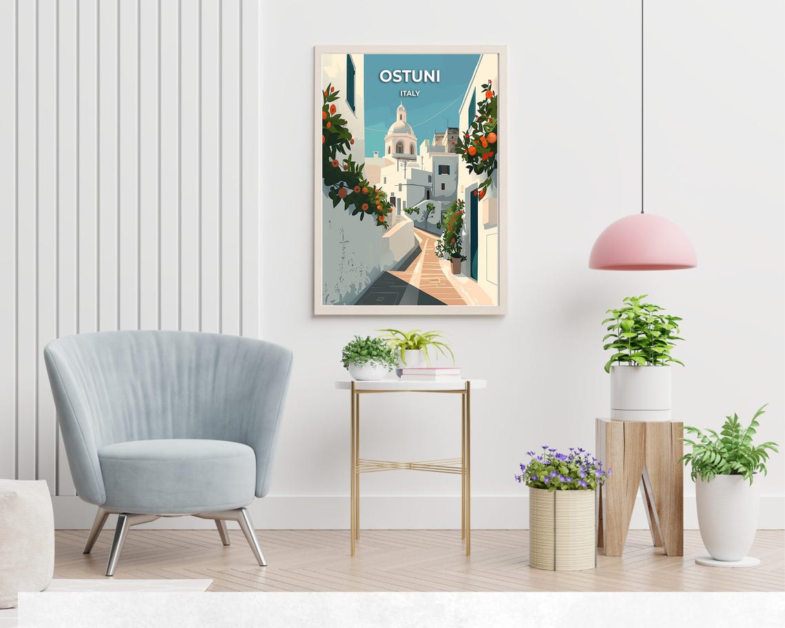 Ostuni Italy White Alley Poster with Orange Trees and Church Dome - Image 2