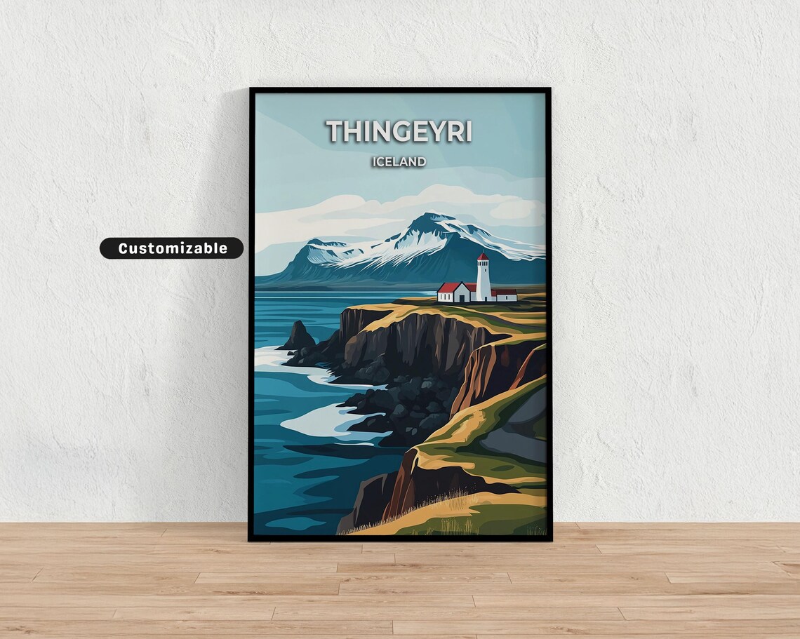 Thingeyri Iceland Lighthouse Cliffs Snowy Mountain Travel Poster