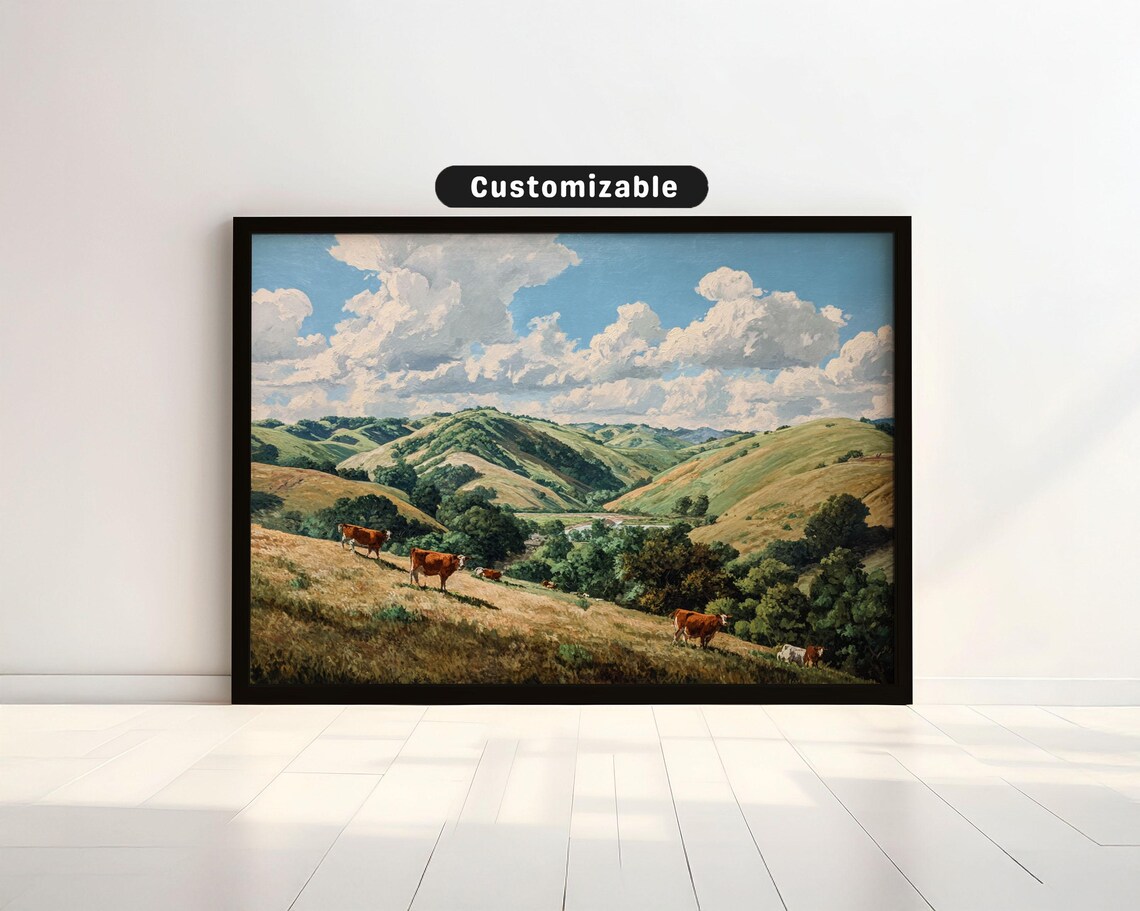 Pastoral Cows Rolling Hills Country Farm Oil Painting Poster