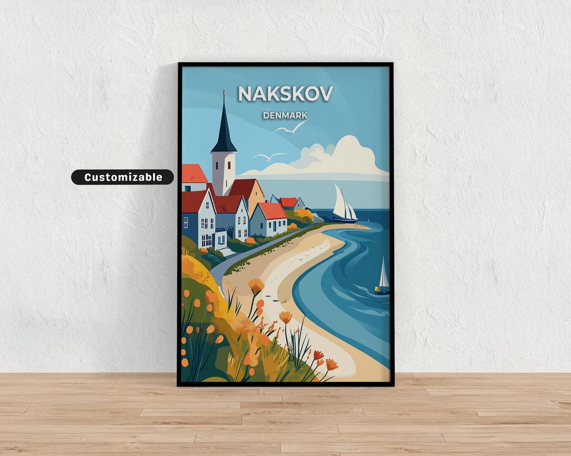 Nakskov Denmark Sandy Beach Sailboats Coastal Town Travel Poster