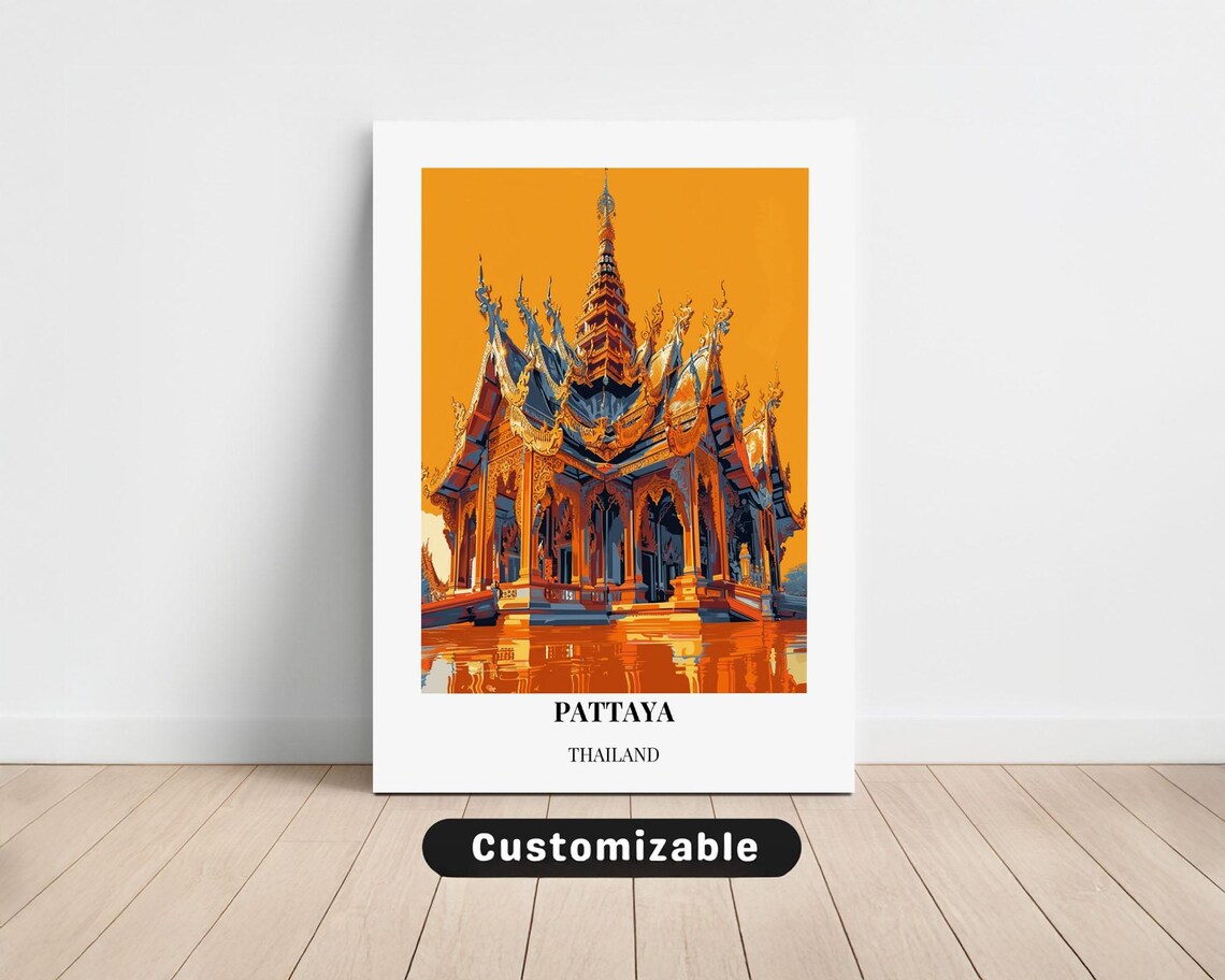 Pattaya Thailand Golden Temple Sunset Water Reflection Poster Art