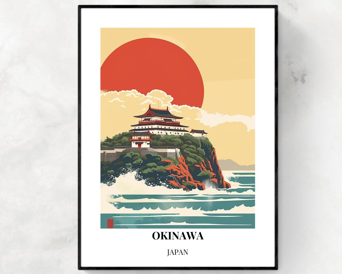 Okinawa Japan Castle Island Red Sun Retro Waves Seascape Poster