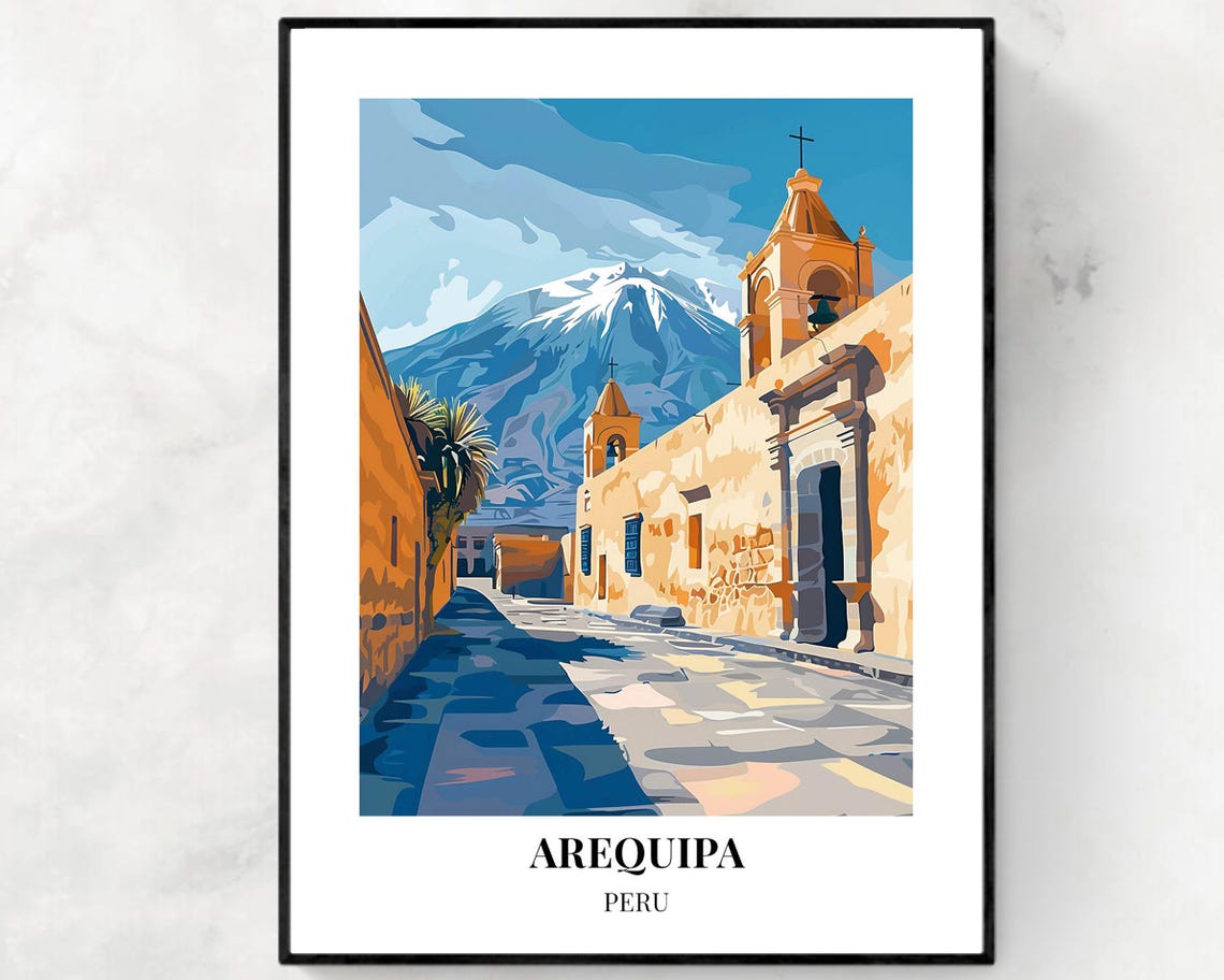 Sunny Arequipa Monastery Street With Bell Towers And Volcano Poster