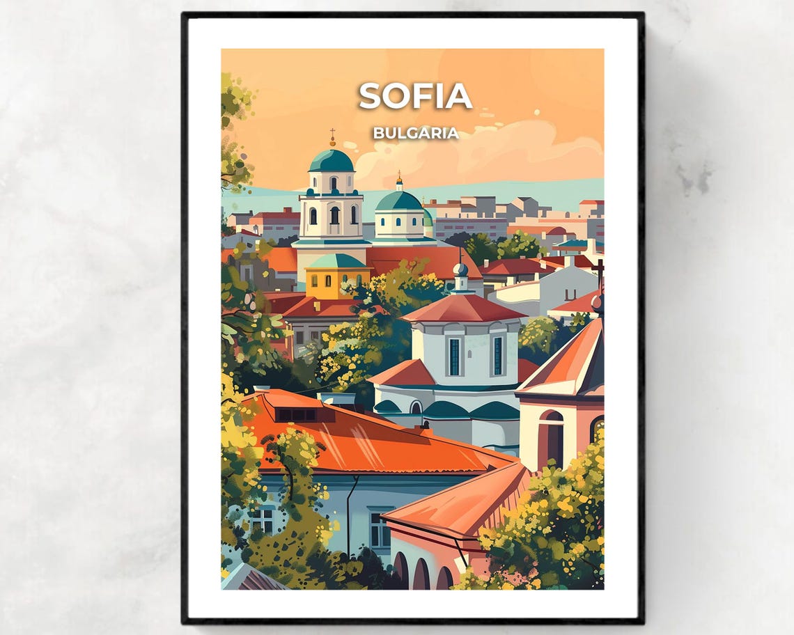 Sofia Bulgaria Golden Old Town Rooftops Vintage Travel Poster