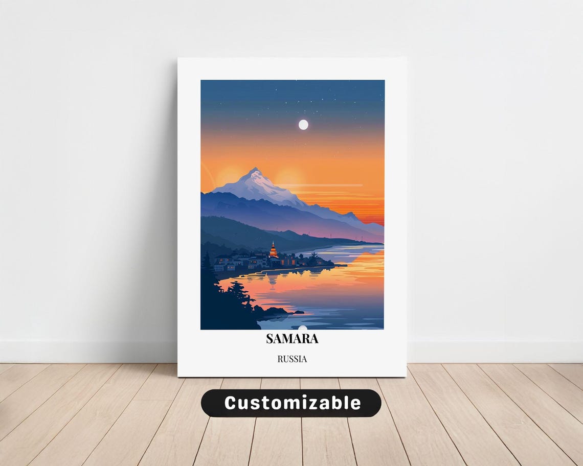 Samara Russia Mountain Lake Sunset Moon Reflection Travel Poster