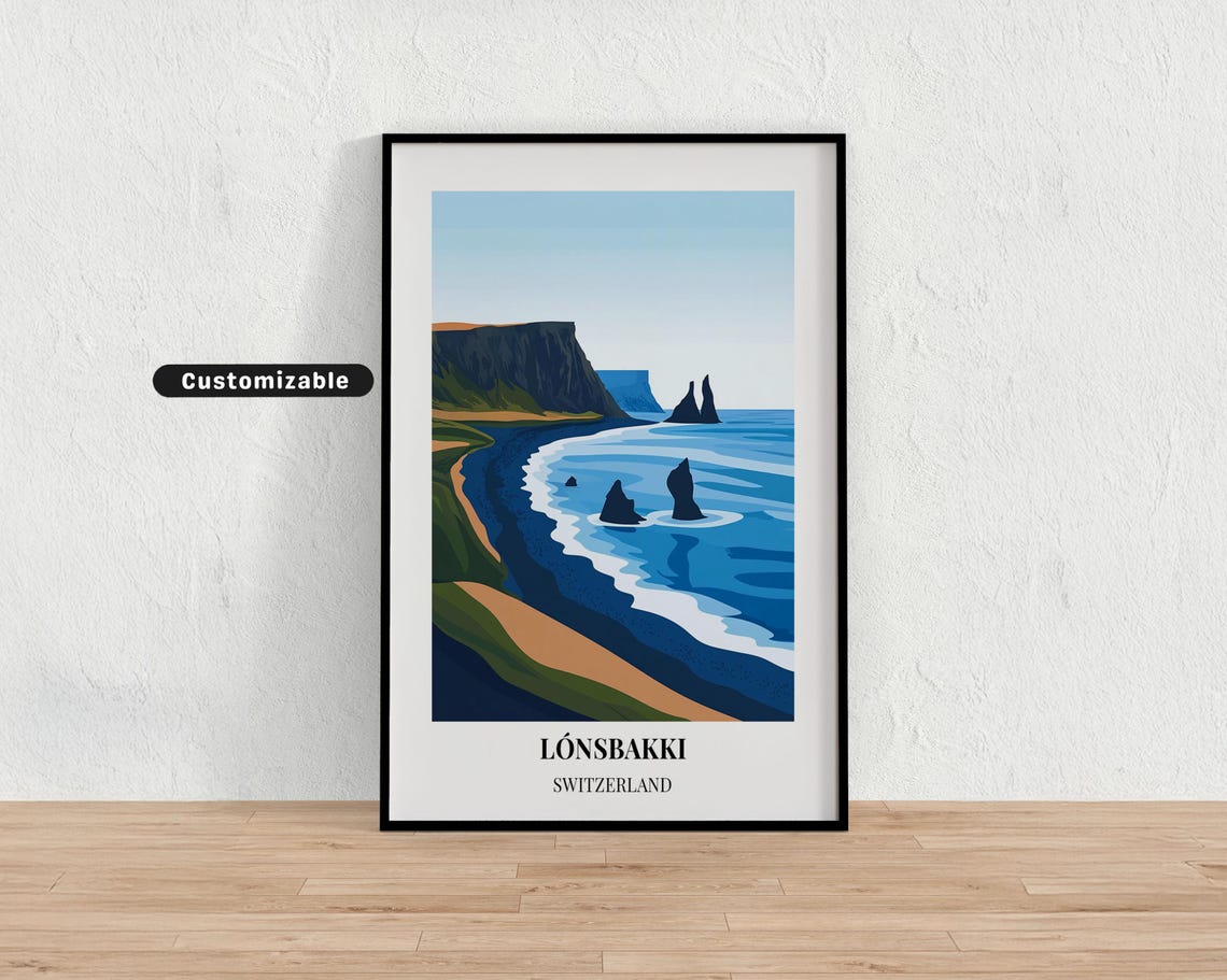 Lonsbakki Switzerland Black Cliffs Sea Stacks Coast Travel Poster