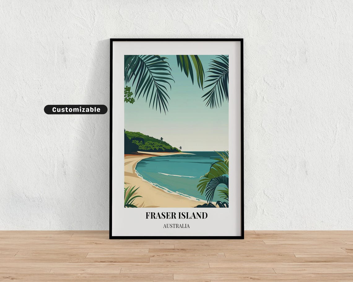 Fraser Island Australia Tropical Palm Beach Sunset Travel Poster