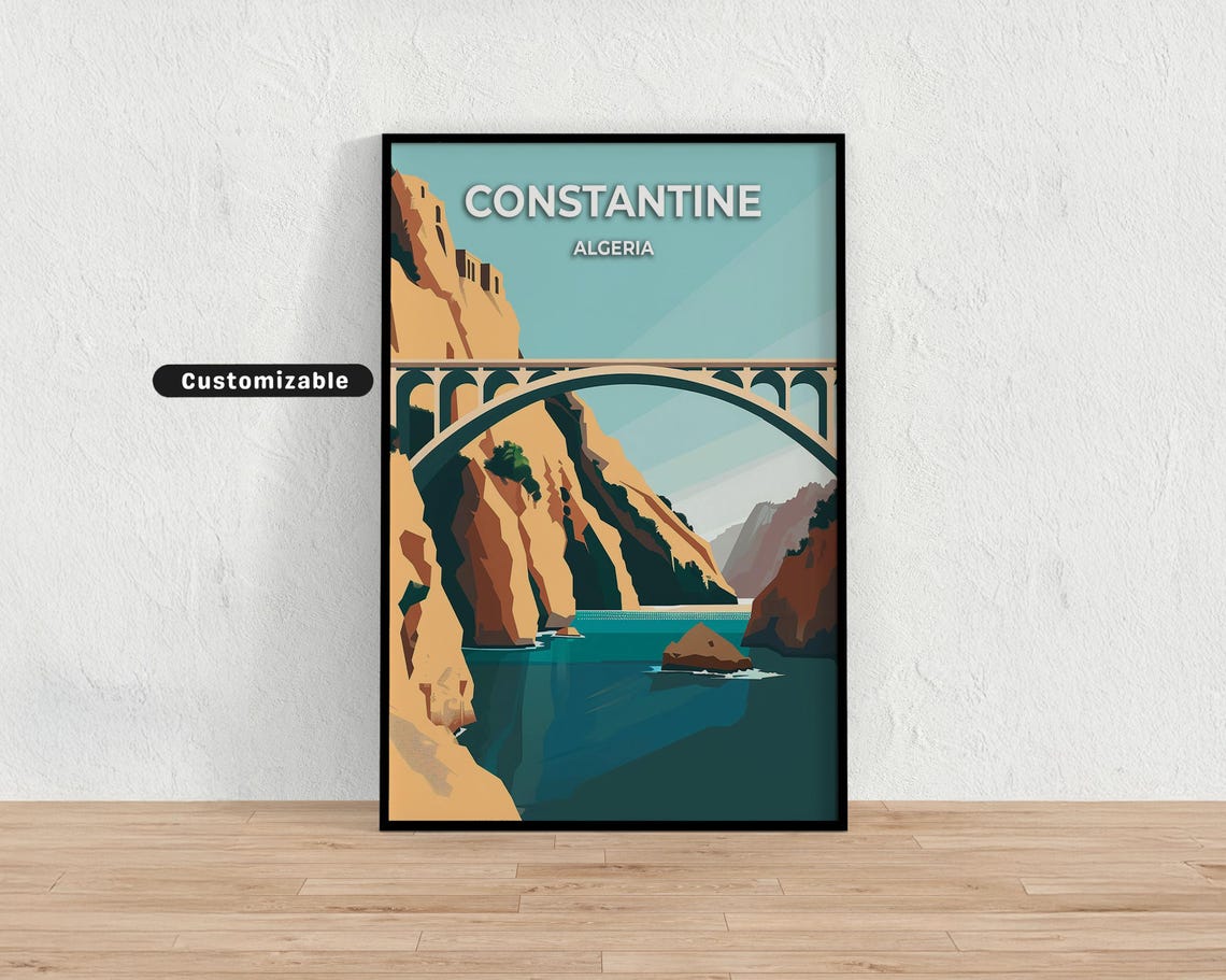 Constantine Algeria Turquoise River Arch Bridge Gorge Travel Poster